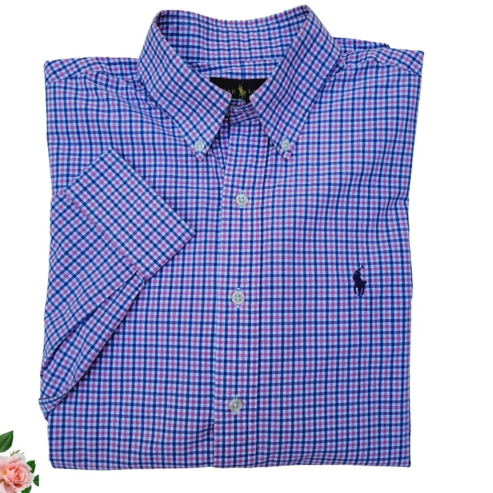 Ralph Lauren Blue Label Plaid Classic Shirt Long Sleeve Blue Pink Men's Medium